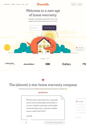Armadillo Home Warranties website homepage