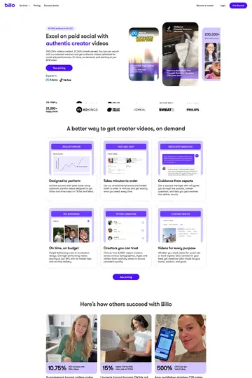 Billo website homepage