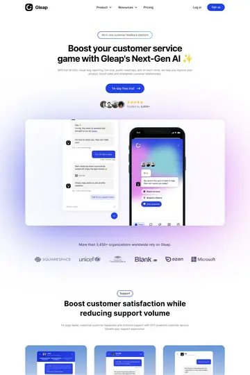 Gleap website homepage