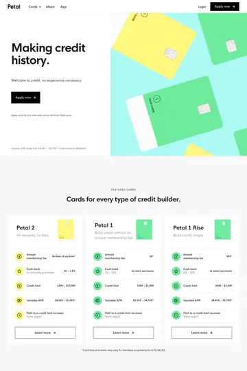 Petal Card website homepage