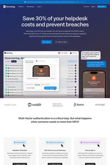 Nametag website homepage