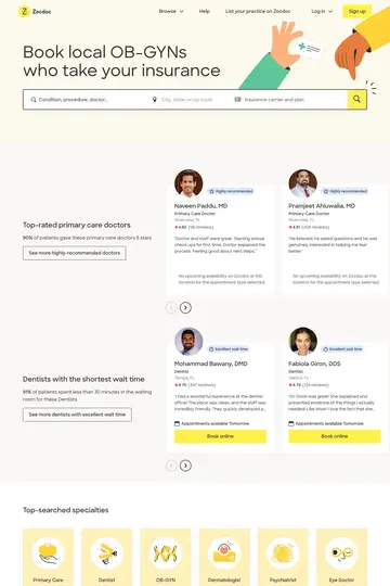 Zocdoc website homepage