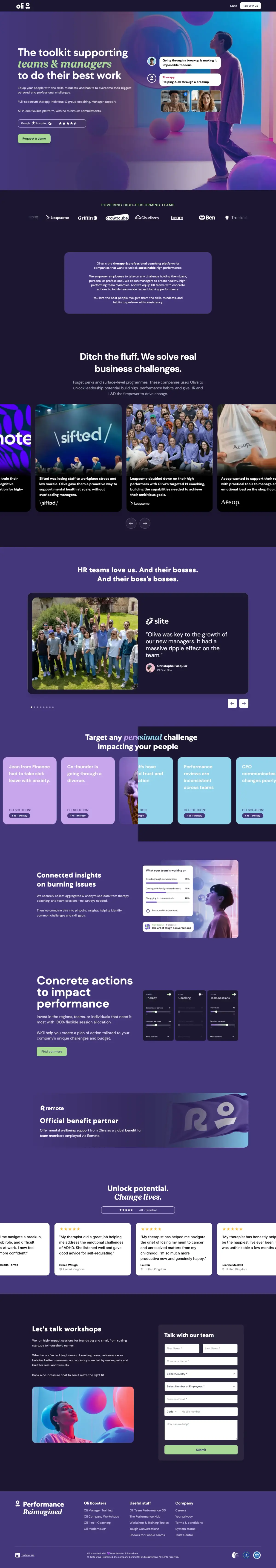 Full-page screenshot of the Oliva website