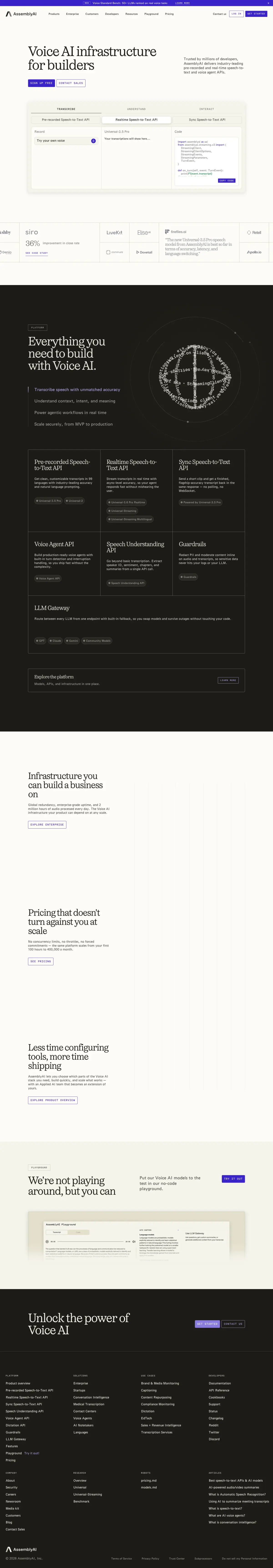 Full-page screenshot of the AssemblyAI website