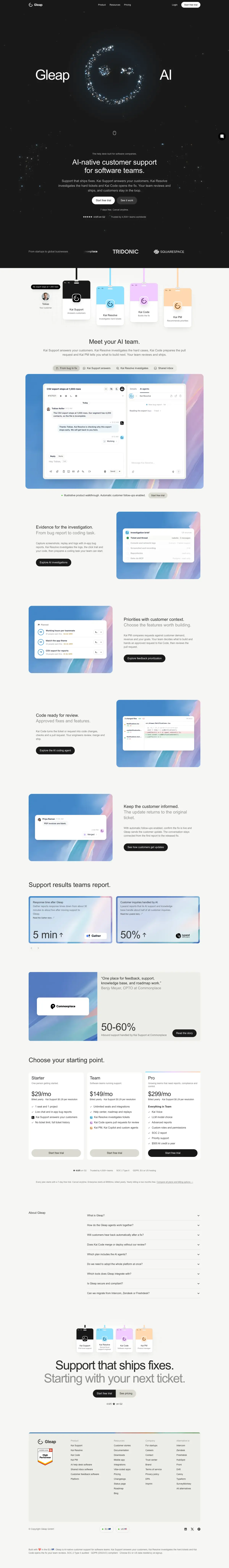 Full-page screenshot of the Gleap website