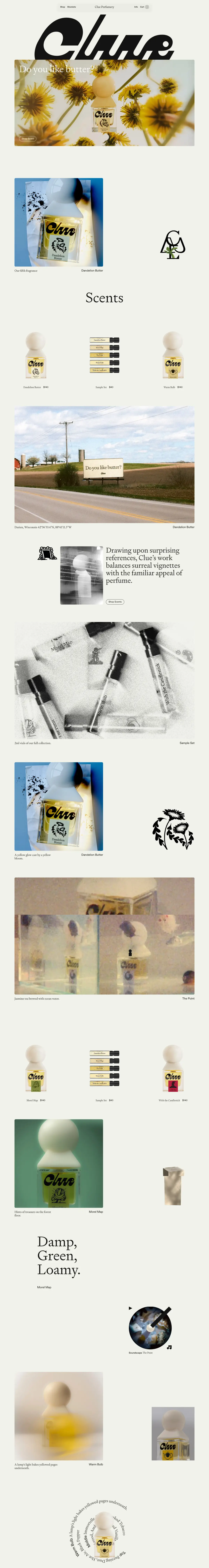 Full-page screenshot of the Clue Perfumery website