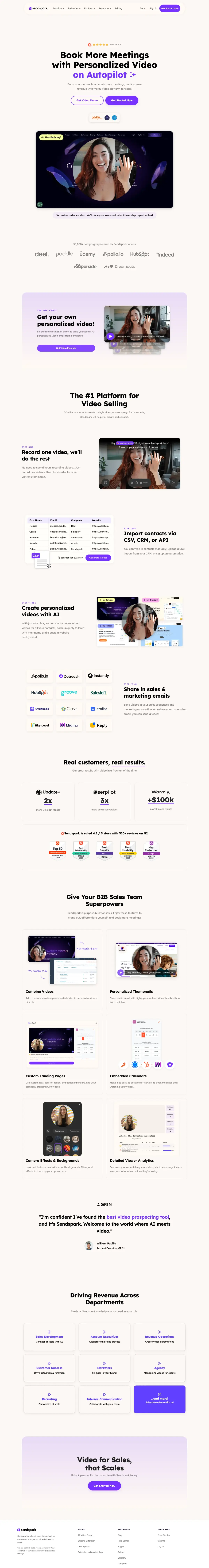 Full-page screenshot of the Sendspark website