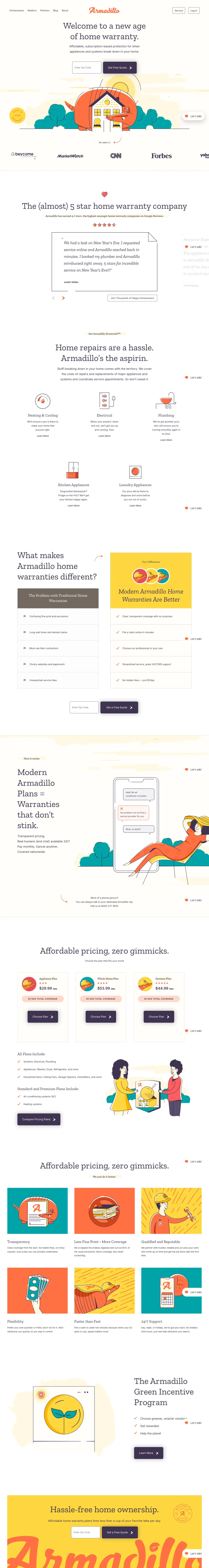 Full-page screenshot of the Armadillo Home Warranties website