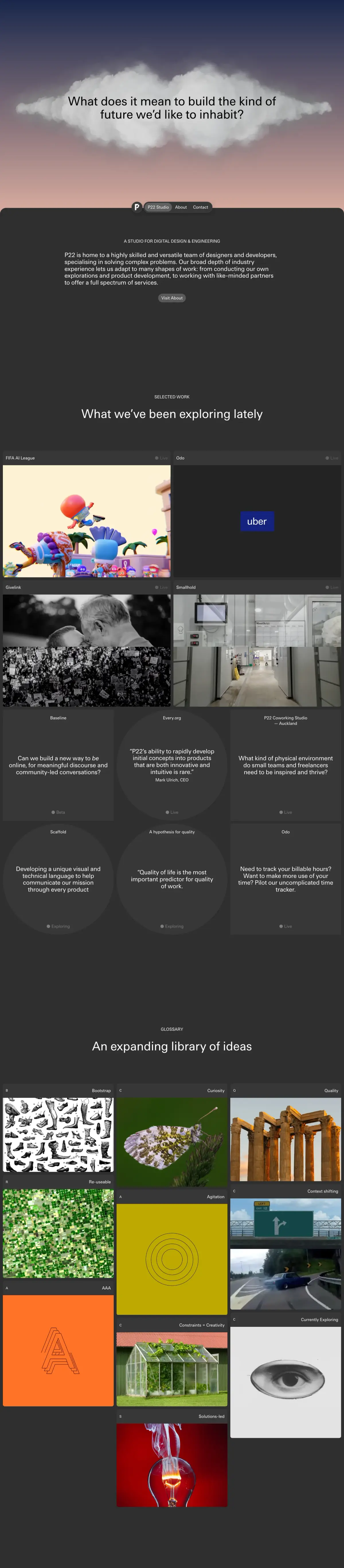Full-page screenshot of the P22 Studio website