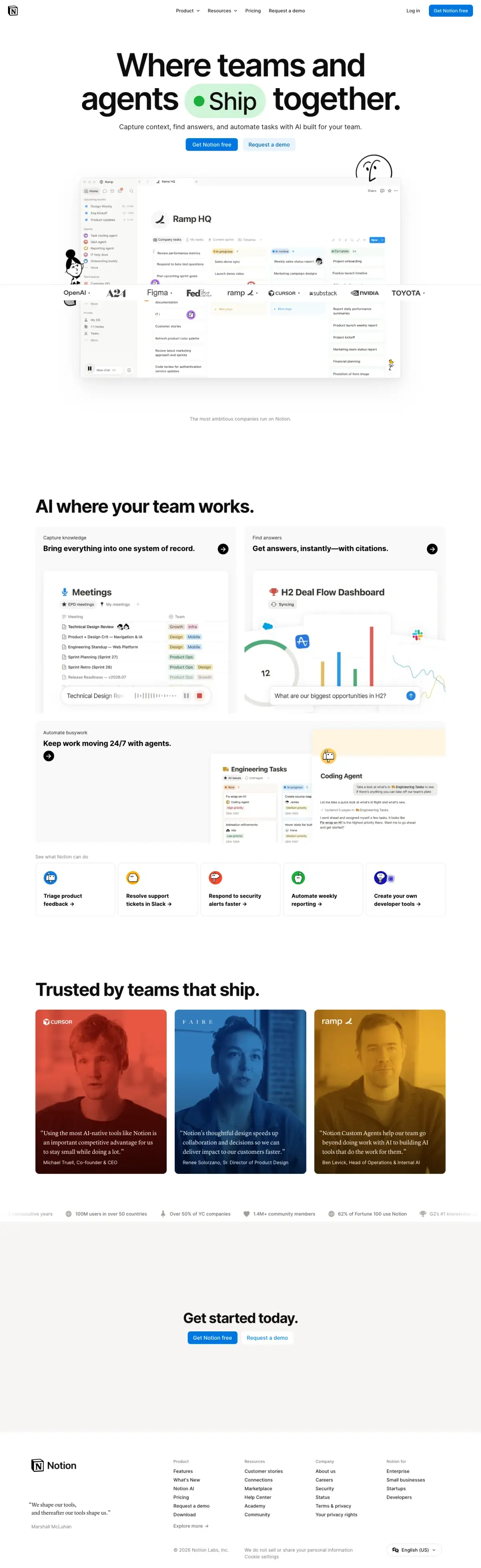 Full-page screenshot of the Notion website
