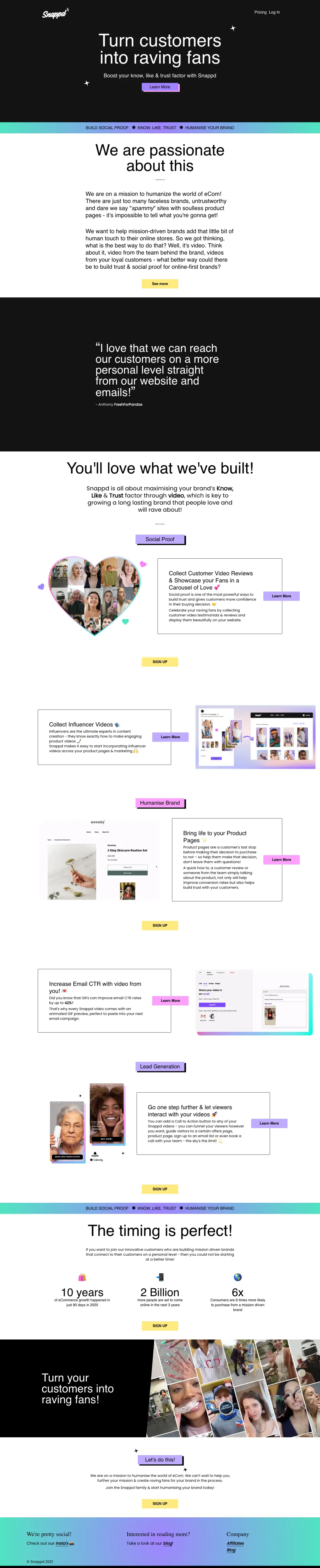 Full-page screenshot of the Snappd website