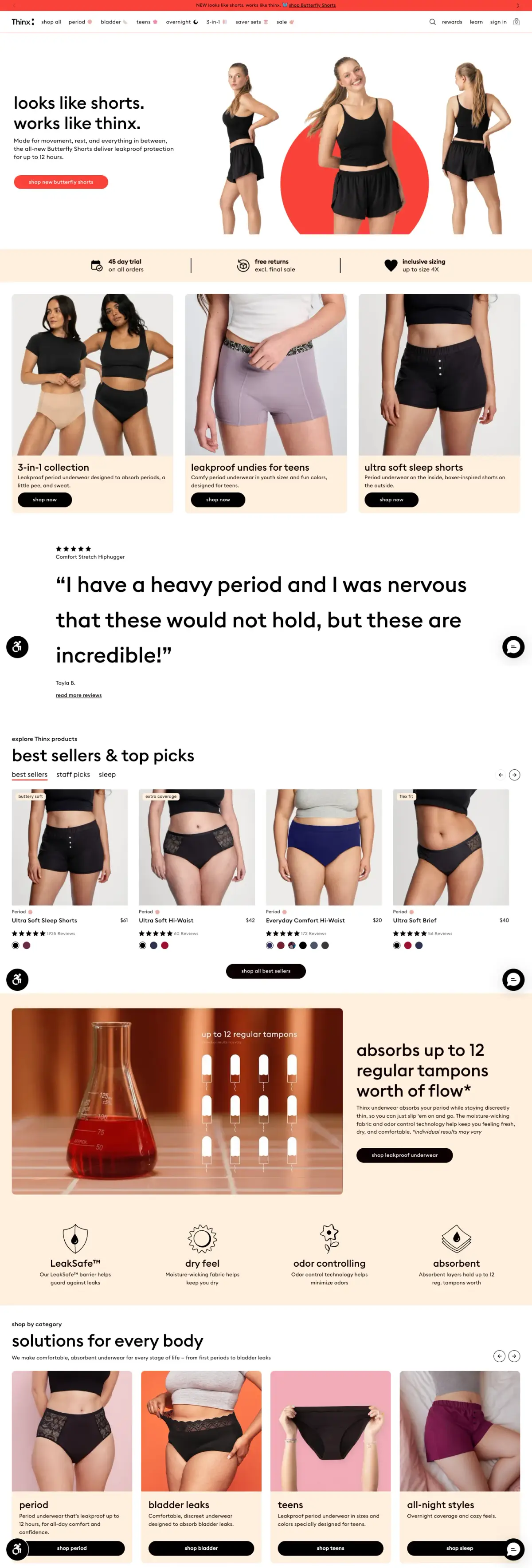 Full-page screenshot of the Thinx website