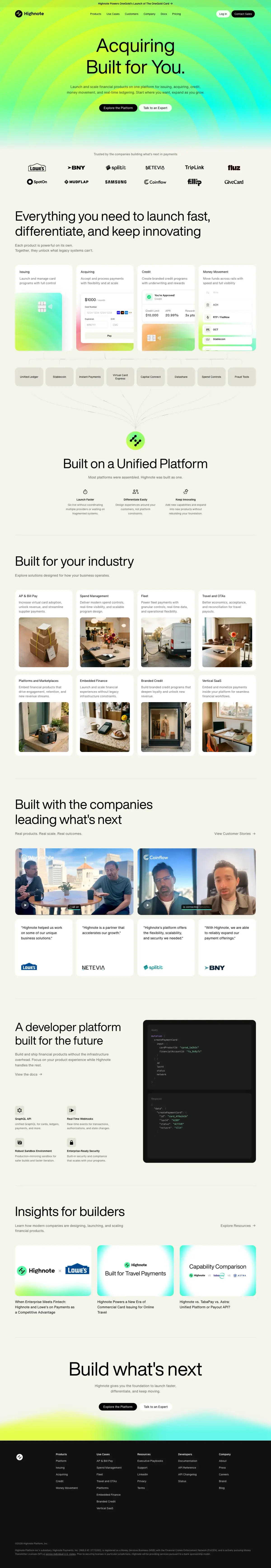 Full-page screenshot of the Highnote website