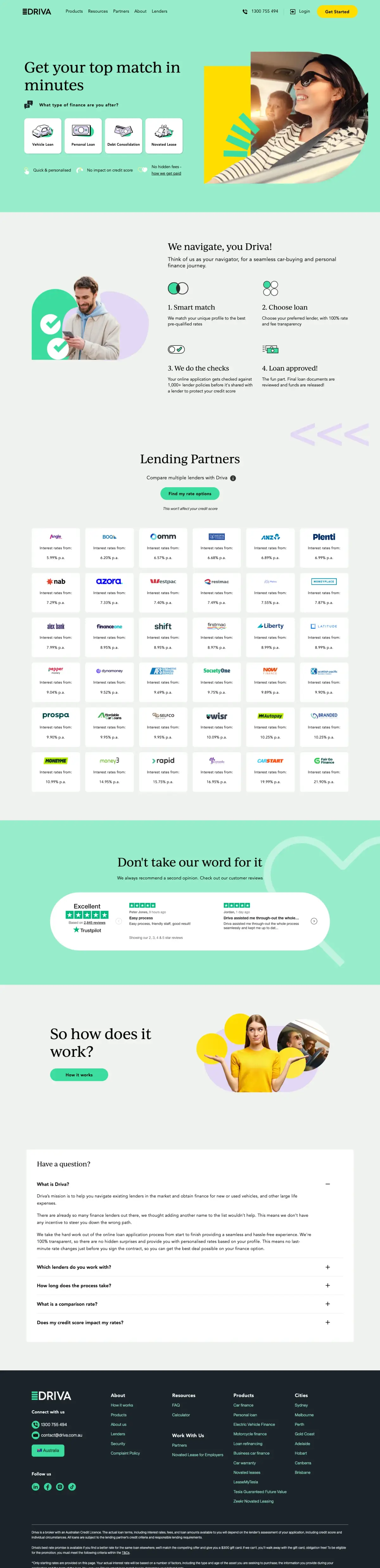 Full-page screenshot of the Driva website