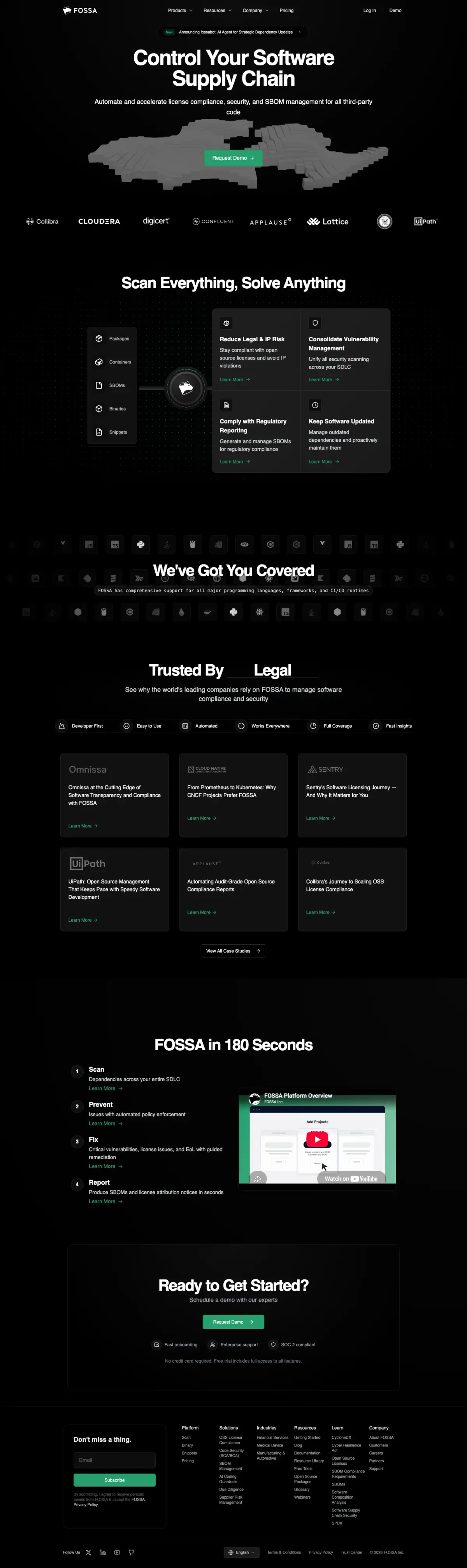 Full-page screenshot of the FOSSA website
