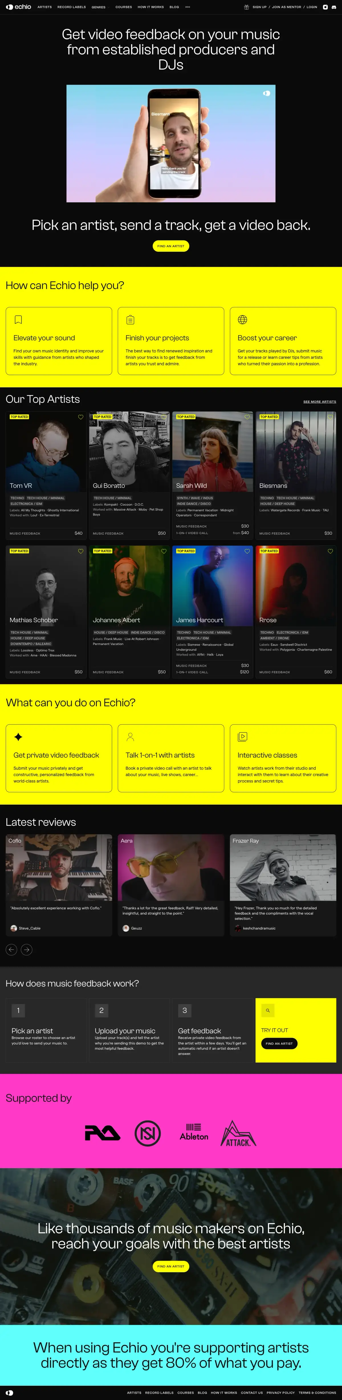 Full-page screenshot of the Echio website