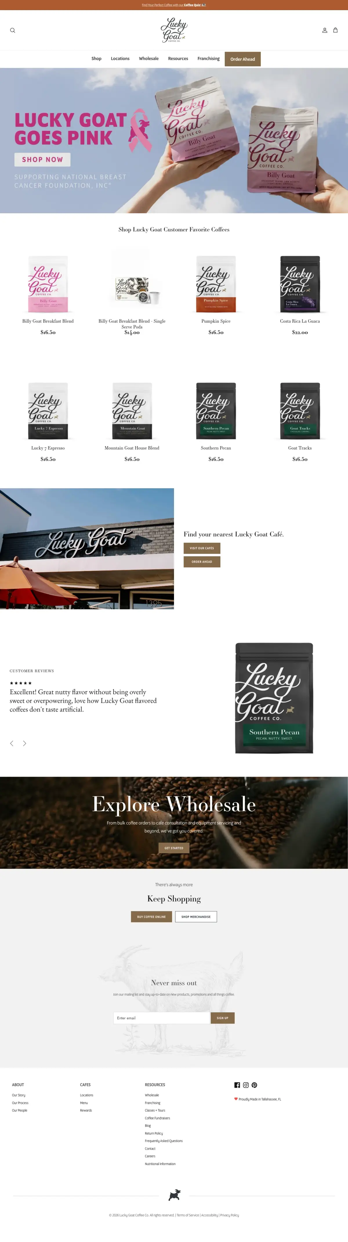 Full-page screenshot of the Lucky Goat Coffee Co. website