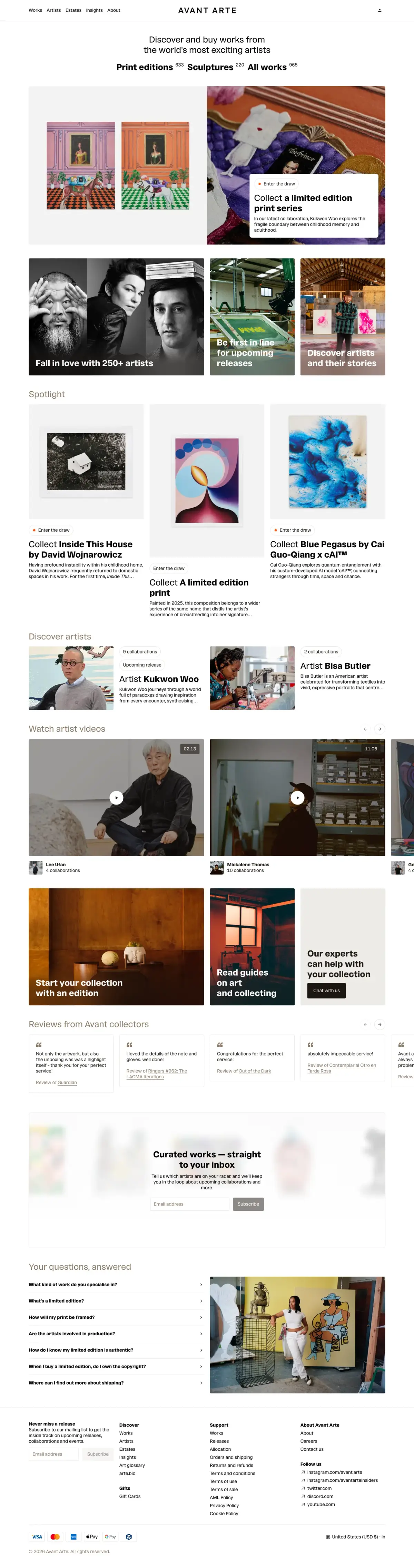 Full-page screenshot of the Avant Arte website