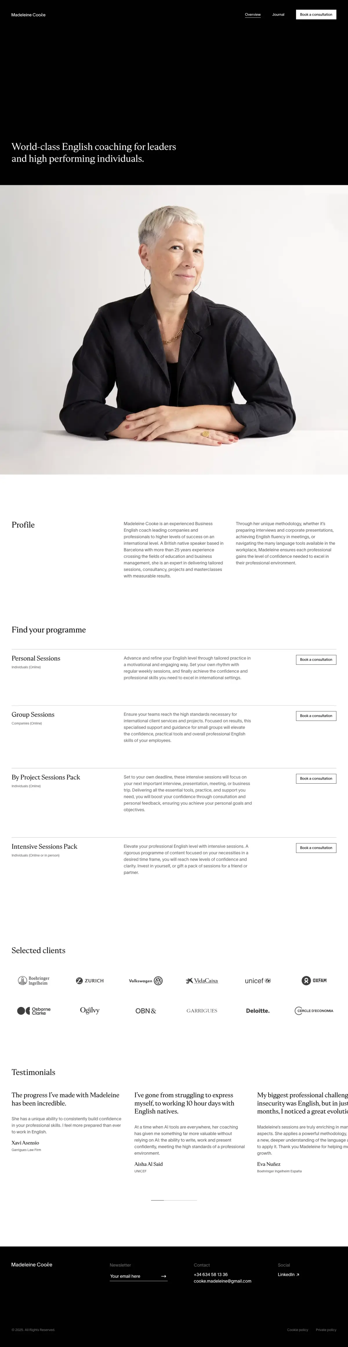 Full-page screenshot of the Madeleine Cooke website