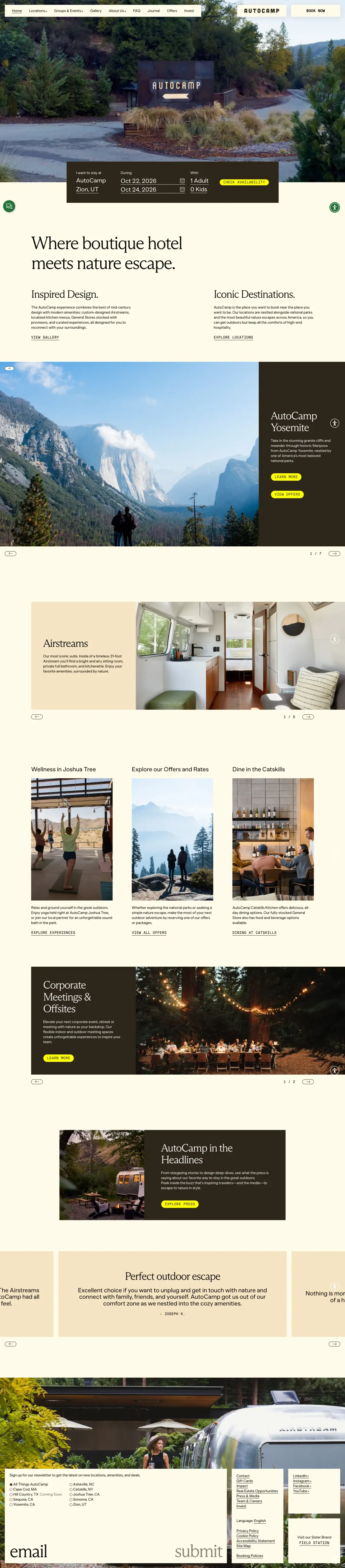 Full-page screenshot of the AutoCamp website