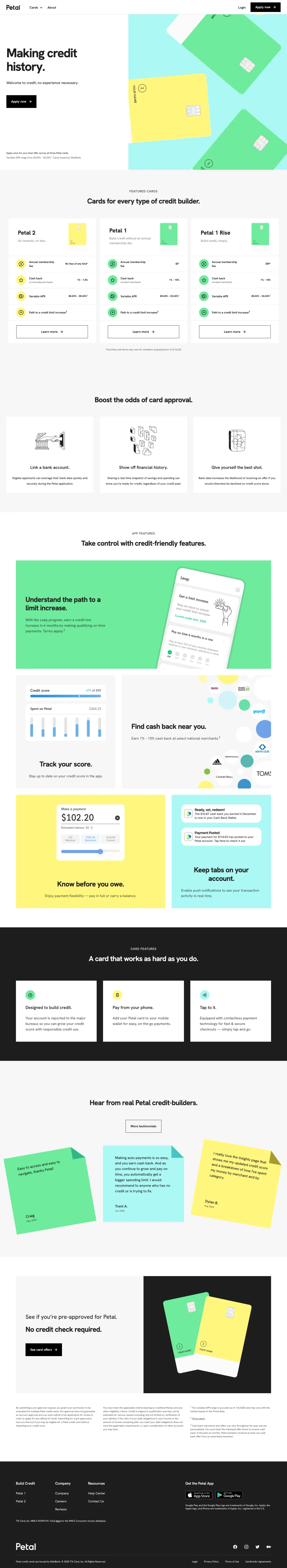 Full-page screenshot of the Petal Card website