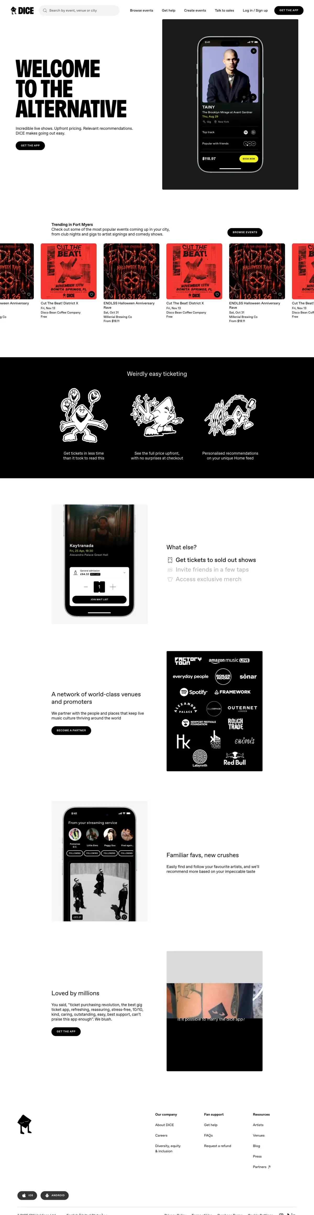 Full-page screenshot of the DICE website