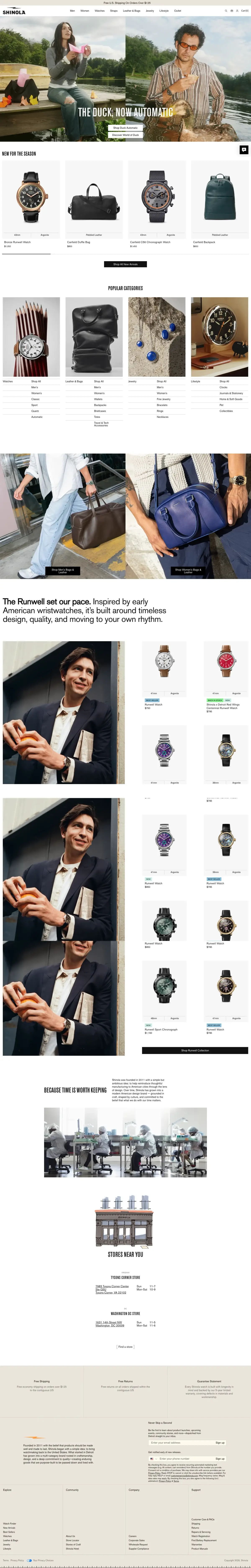Full-page screenshot of the Shinola website