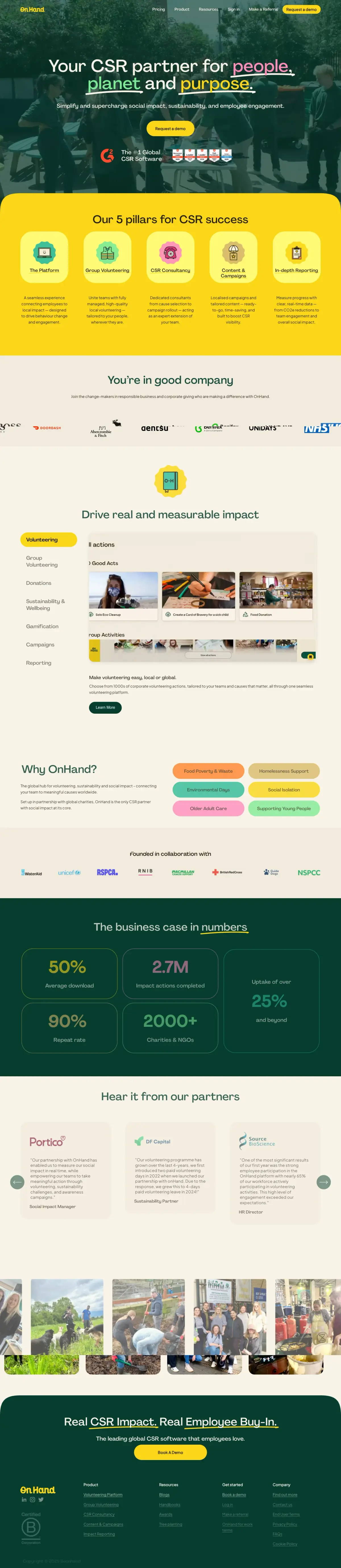 Full-page screenshot of the OnHand website