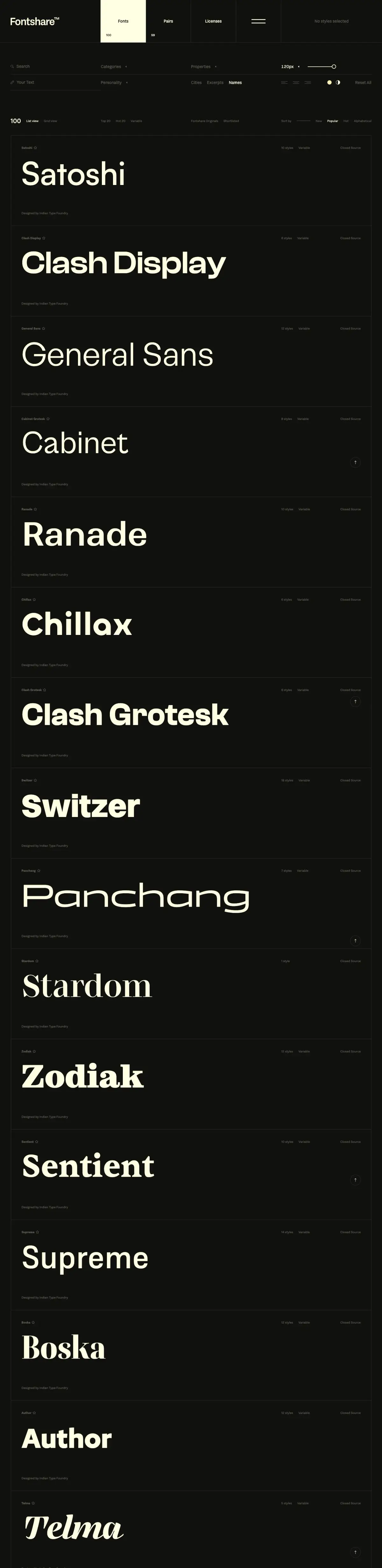 Full-page screenshot of the Fontshare website