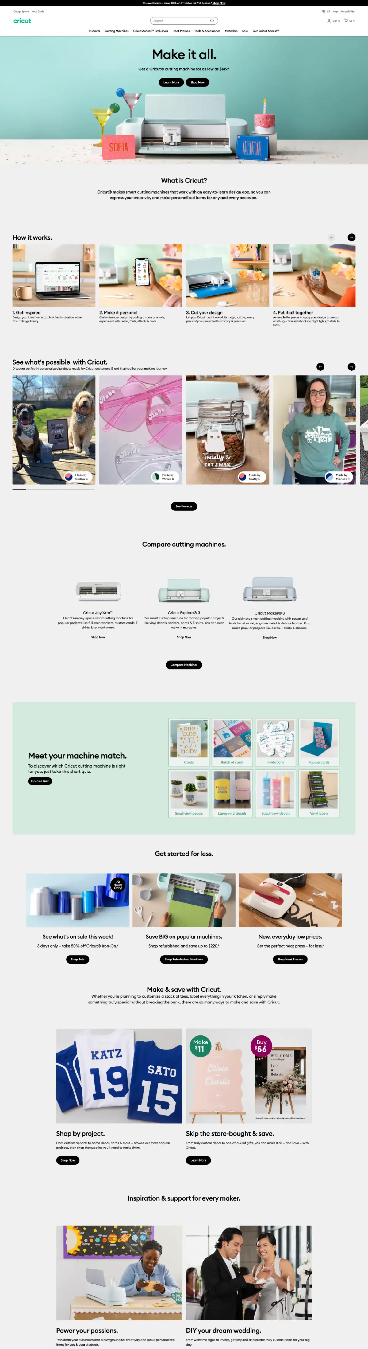 Full-page screenshot of the Cricut website
