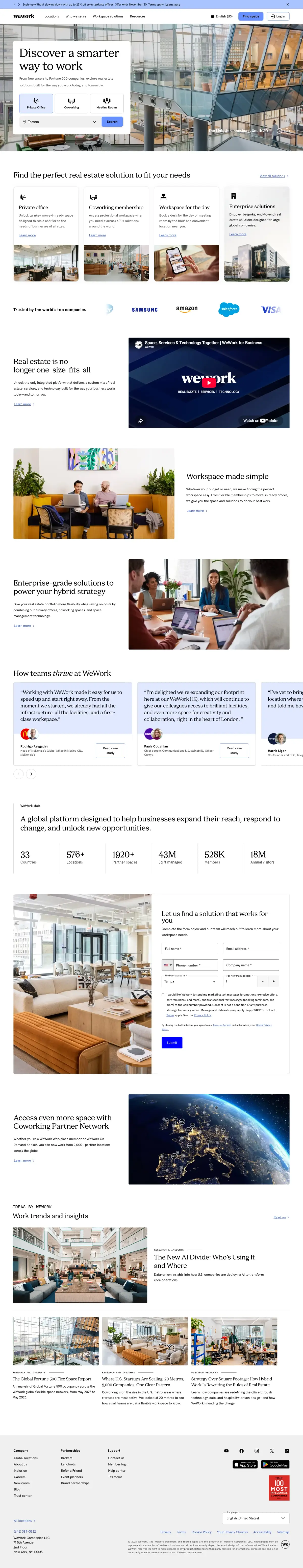 Full-page screenshot of the WeWork website