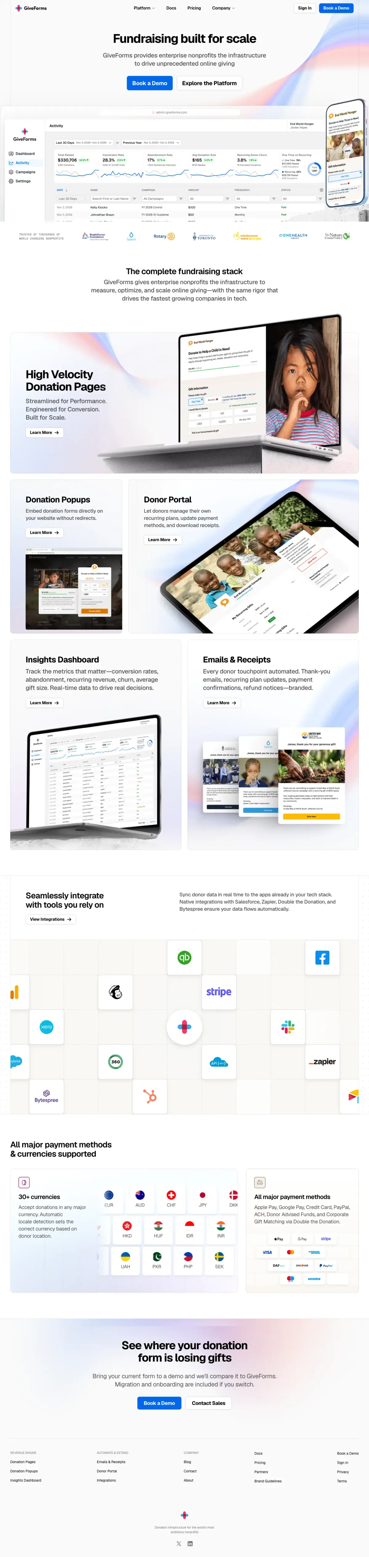 Full-page screenshot of the GiveForms website