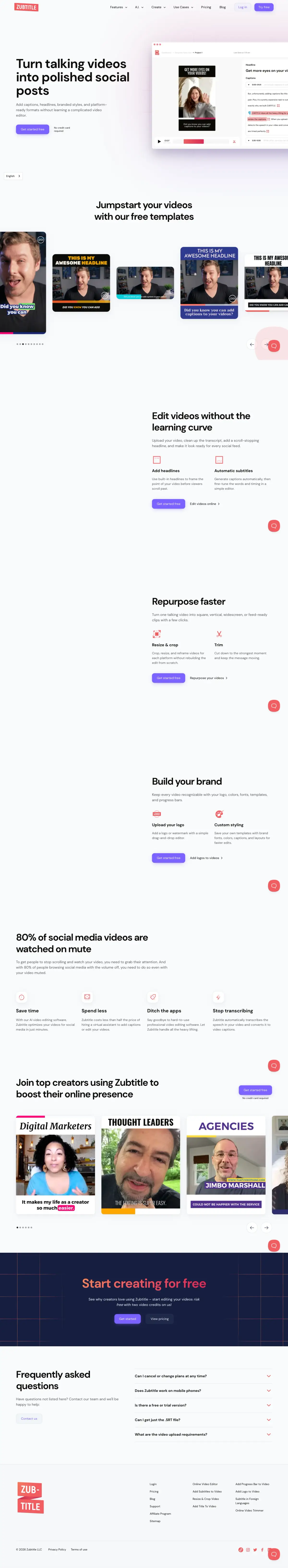 Full-page screenshot of the Zubtitle website