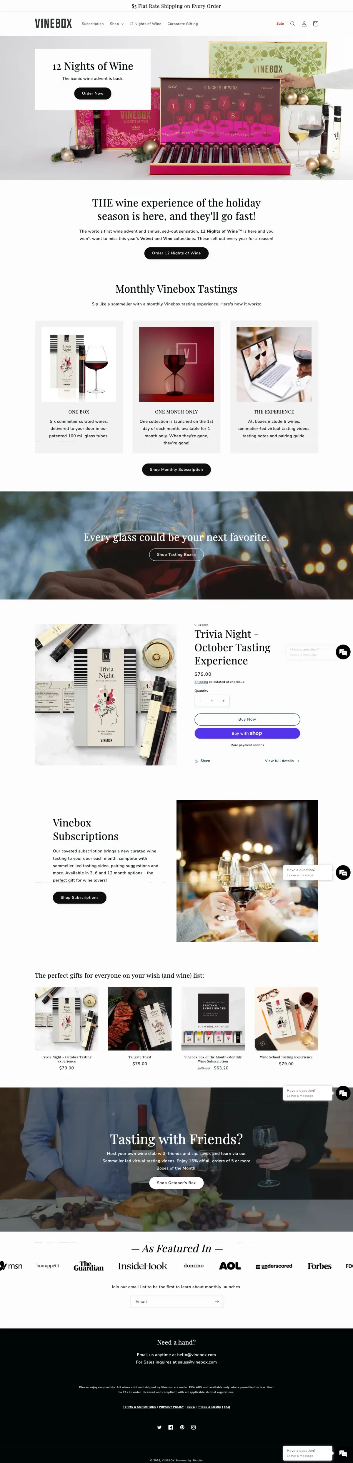 Full-page screenshot of the Vinebox website