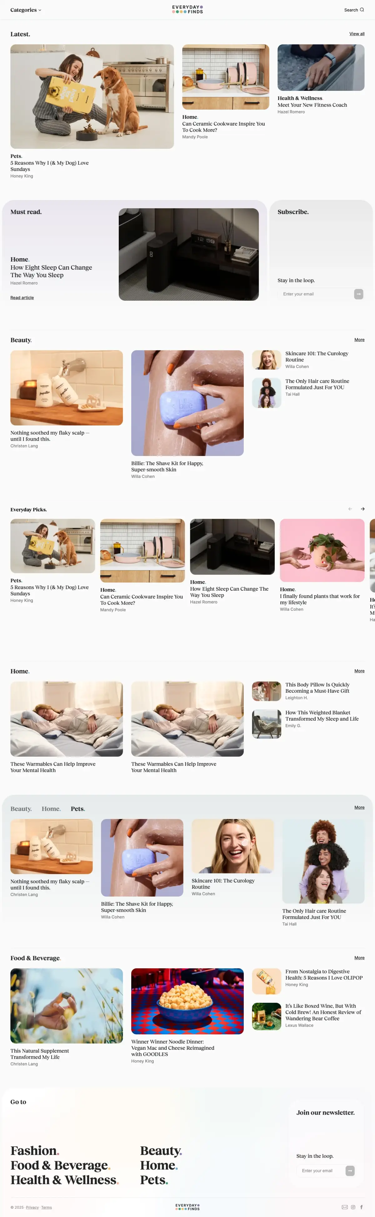 Full-page screenshot of the Everyday Finds website
