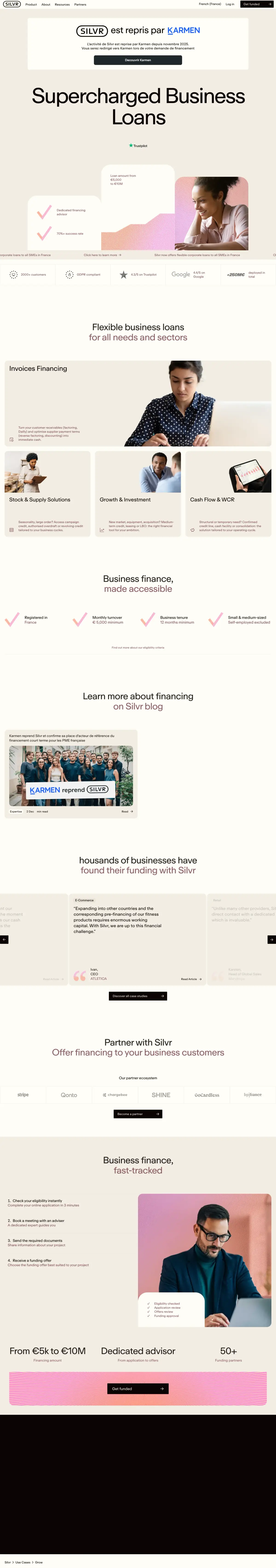 Full-page screenshot of the Silvr website