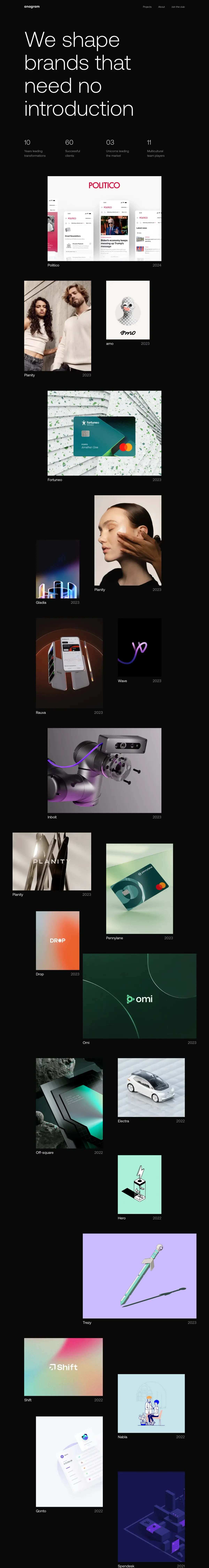Full-page screenshot of the Anagram Club website