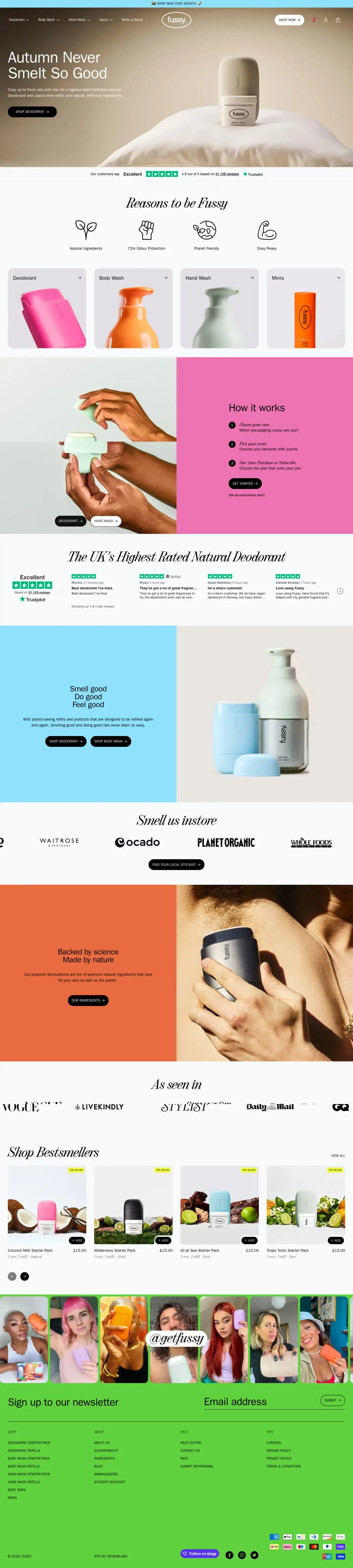 Full-page screenshot of the Fussy website