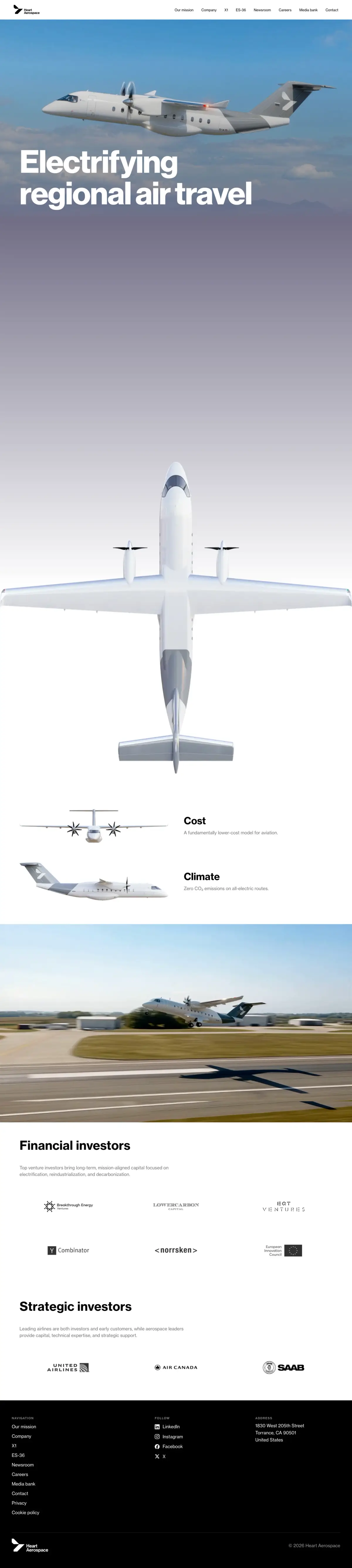 Full-page screenshot of the Heart Aerospace website