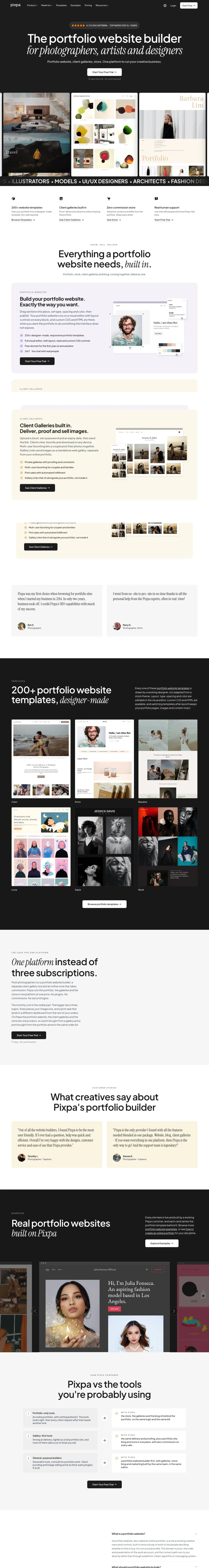 Full-page screenshot of the Pixpa website