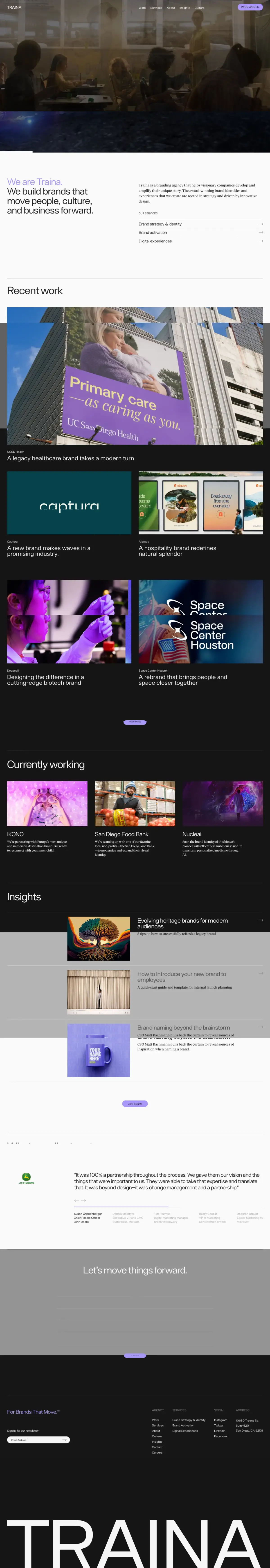 Full-page screenshot of the Traina website