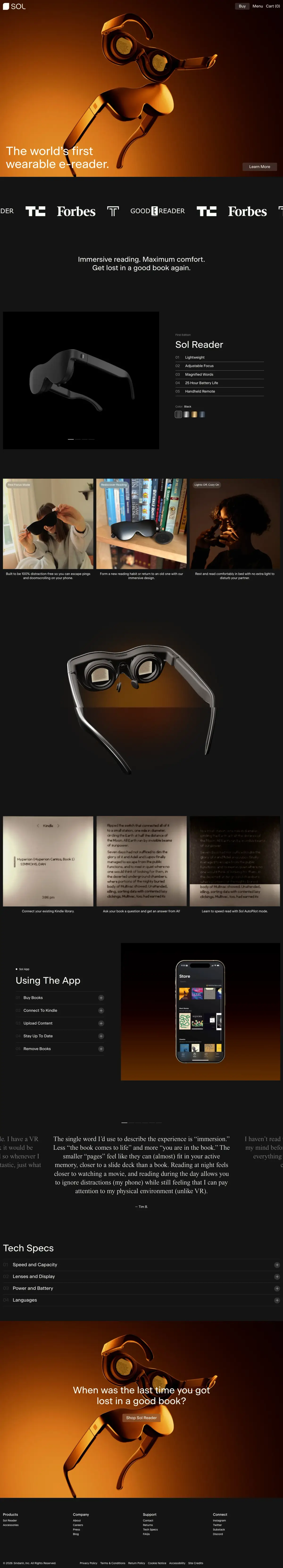Full-page screenshot of the Sol Reader website
