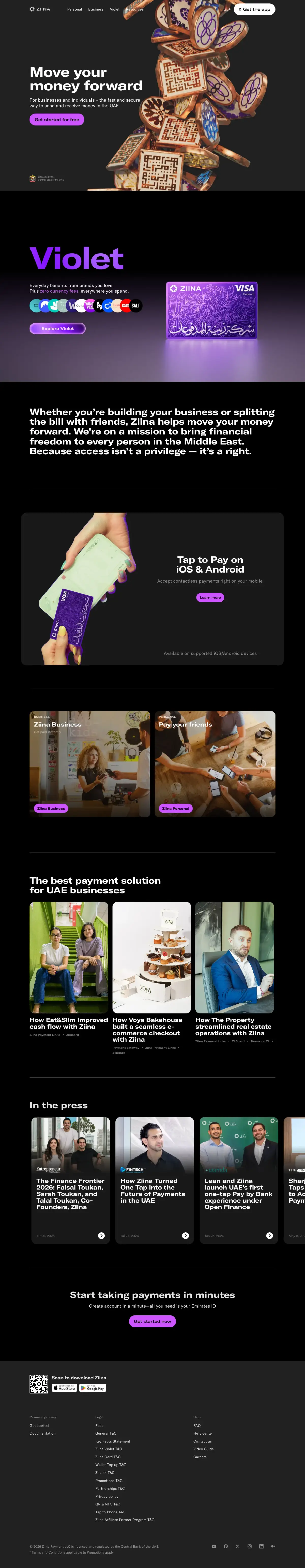 Full-page screenshot of the Ziina website