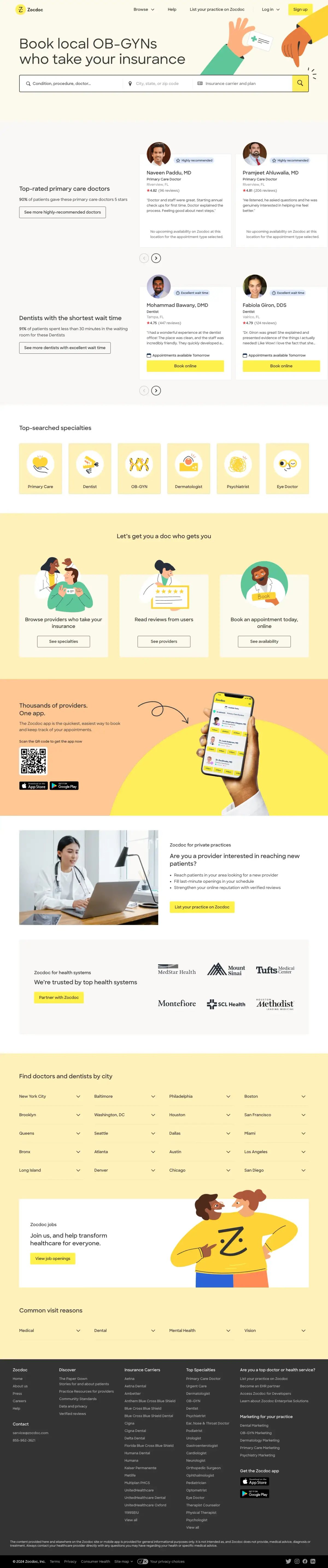 Full-page screenshot of the Zocdoc website