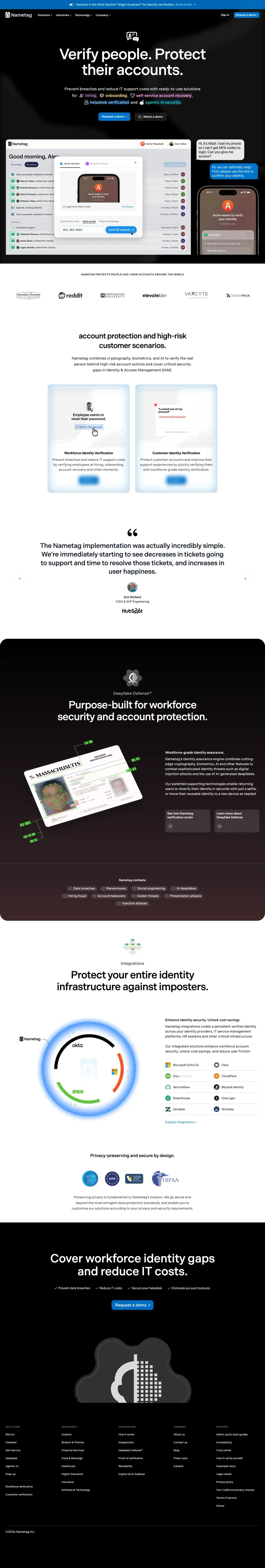 Full-page screenshot of the Nametag website