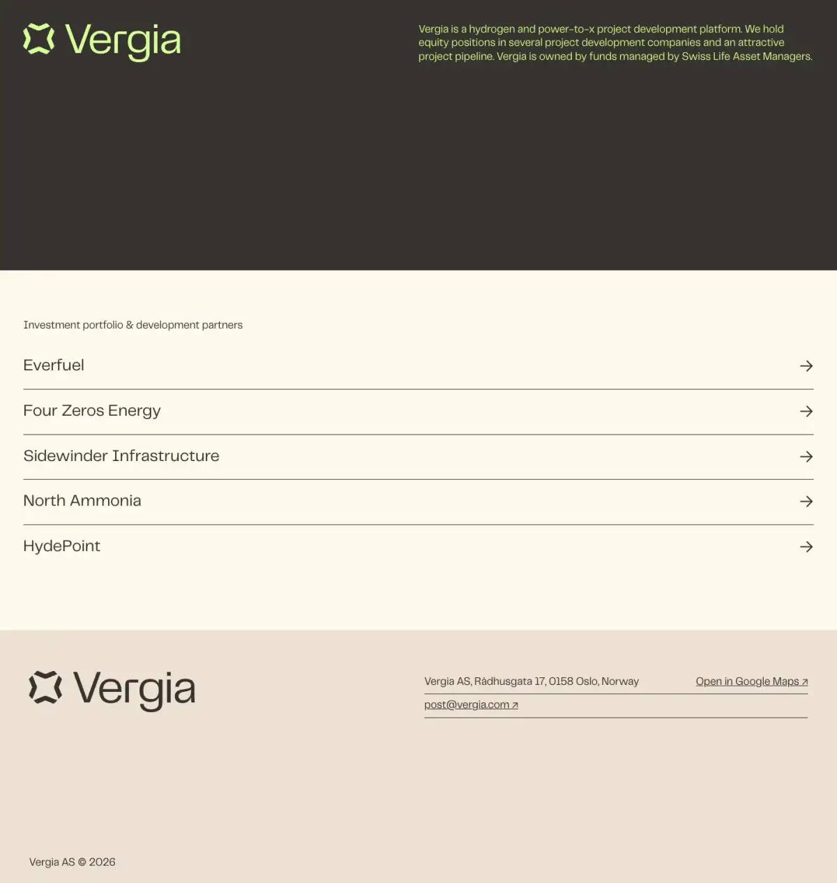 Full-page screenshot of the Vergia website