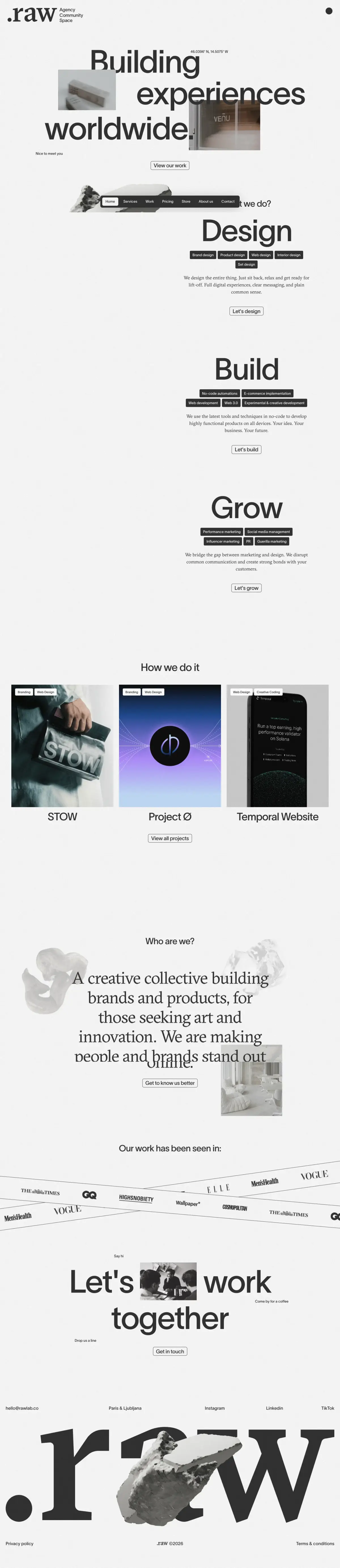 Full-page screenshot of the Raw Studio website