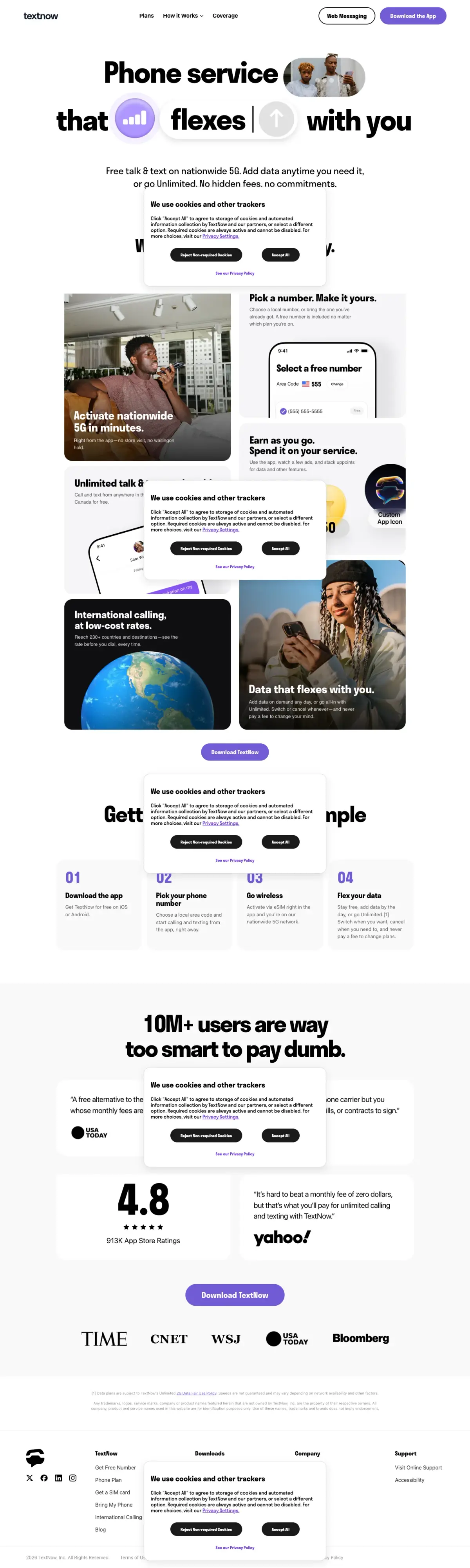 Full-page screenshot of the TextNow website