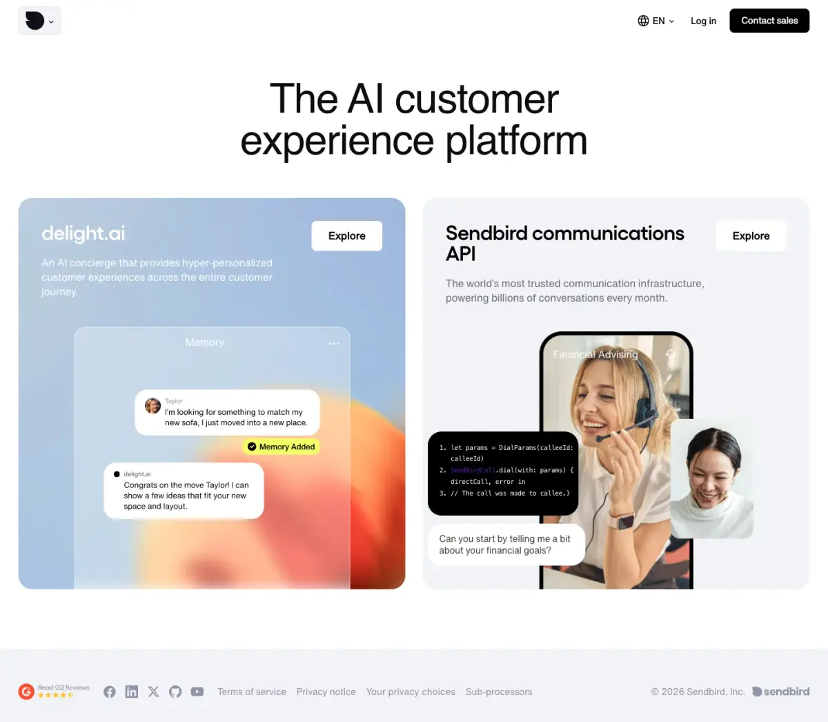 Full-page screenshot of the Sendbird website