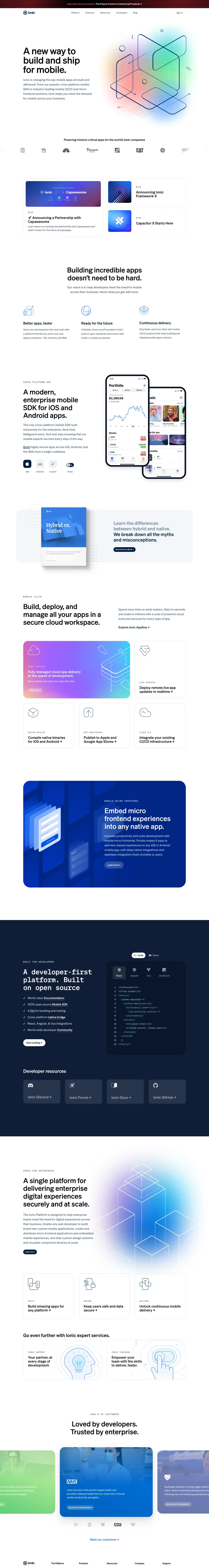 Full-page screenshot of the Ionic website